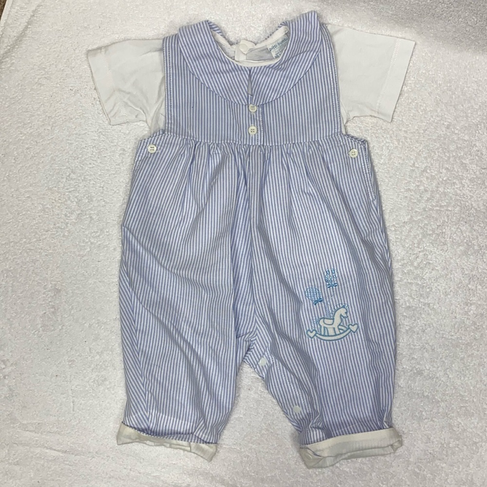 Vintage Pitti bimbi Blue Striped Kids rocking horse Overalls 9/12m